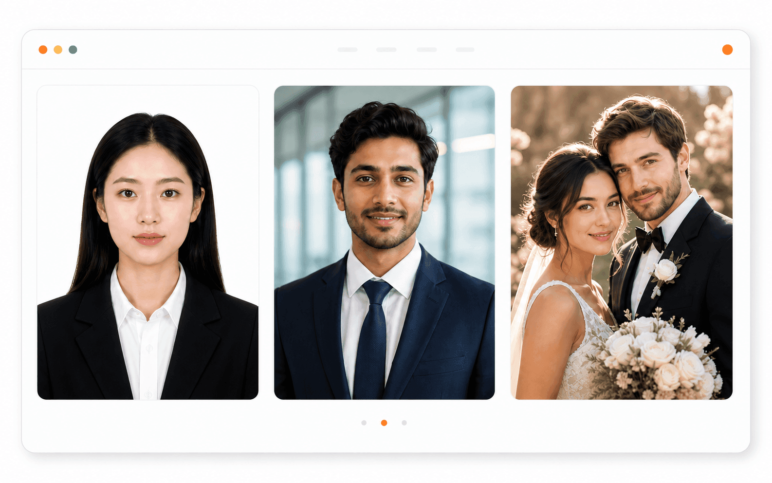 AiPix AI photo workspace showing ID photo, business portrait, and wedding portrait examples